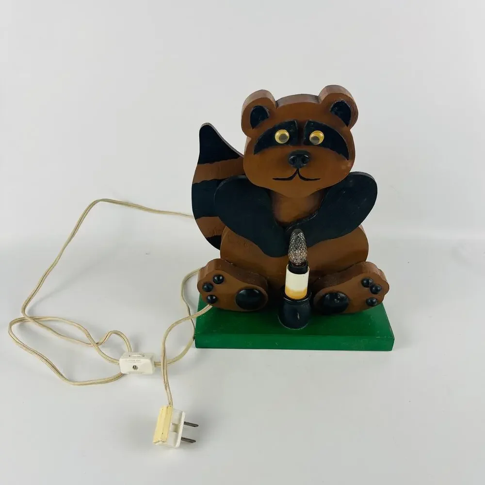Vintage Raccoon Wood Lamp 10 3/8